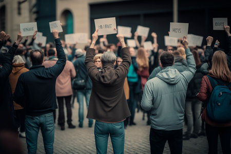 Crowd of people at a protest rally in America against the current government with placards, a peaceful march of the countrys citizens for freedom and democracy. Generative AIの素材