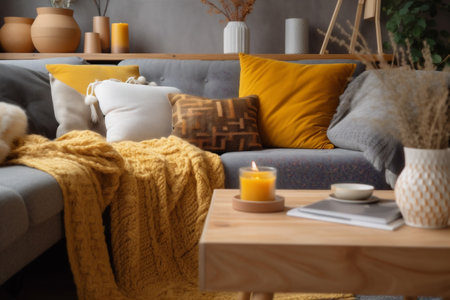 decor house sofa pillow modern cushion wall home grey yellow interior. Generative AI.の素材