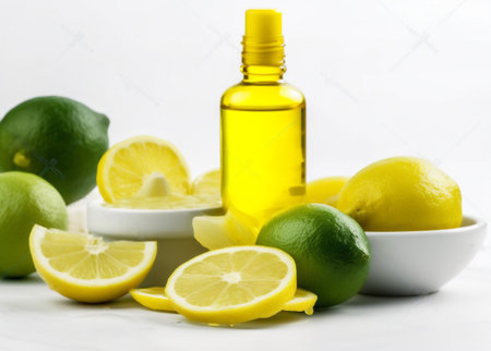 treatment oil body lemon bottle lime skincare organic spa natural. Generative AI.の素材