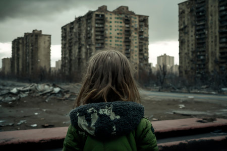 Child little girl standing alone view from the back and looking at the ruined city and buildings, homeless lonely child, earthquake. Generative AIの素材
