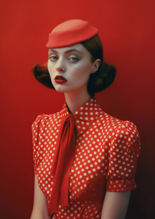 colourful woman retro hat portrait fashion beauty latex creative glasses art. Generative AI.の素材