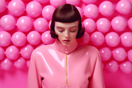 beauty woman creative latex glasses abstract fashion portrait colourful hat art. Generative AI.の素材