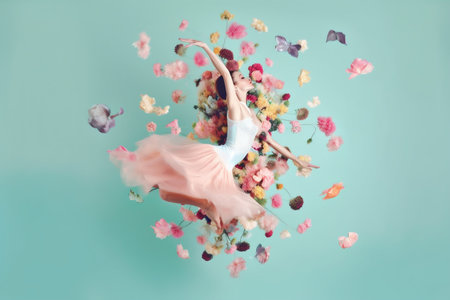 peony woman flower model spring falling flying colorful fashion art beauty. Generative AI.の素材