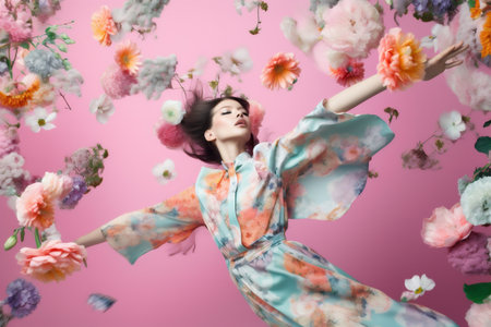 woman flying concept colorful falling spring flower art beauty fashion peony. Generative AI.の素材