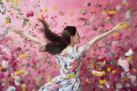 fashion woman peony art falling colorful design spring flower beauty flying. Generative AI.の素材