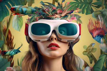 woman virtual future abstract reality vr technology glasses travel digital net. Generative AI.の素材