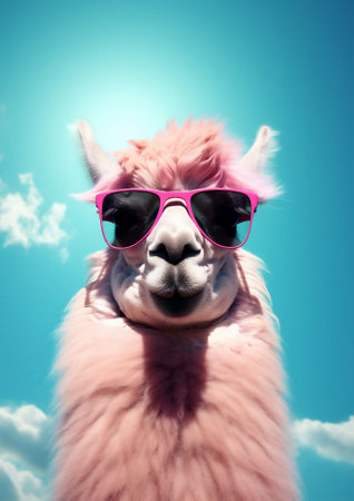 Cute stylish alpaca portrait of llama wearing glasses on blue background wearing glasses and scarf, fashionの素材