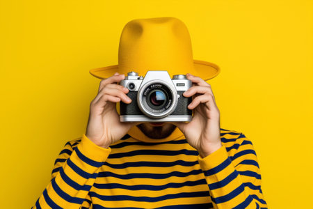 Hipster man portrait camera art background photo lifestyle yellow photograph shoot studioの素材