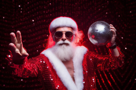 man holiday trendy christmas santa red party mature fun celebration glasses. Generative AI.の素材