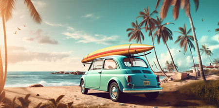 summer tropical trip beach car vintage retro vacation travel road. Generative AI.の素材