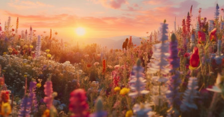 nature violet blooming sunset background flower field garden beautiful pink meadow. Generative AI.の素材