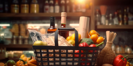 shopping store supermarket basket market food retail delivery grocery shop. Generative AI.の素材