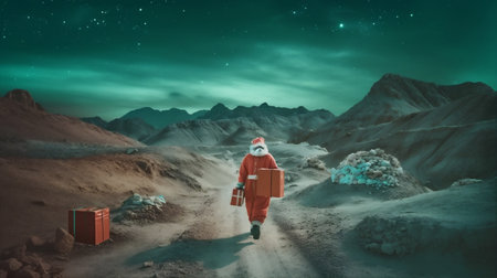 winter snow costume mountain christmas holiday santa night sky nature. Generative AI.の素材