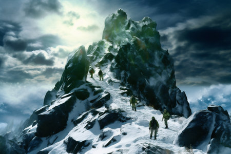 sport adventure winter landscape hiking group mountain nature snow blizzard. Generative AI.の素材