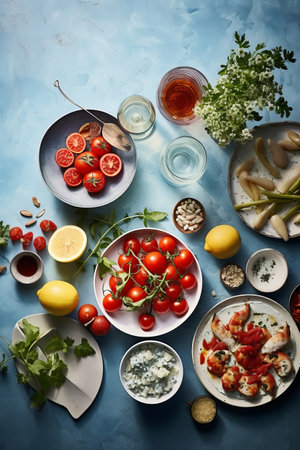 Dinner tomatoes table food background fresh cookingの素材