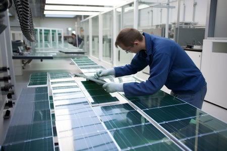 renewable engineering energy equipment technology solar panel production manufacturing industry. Generative AI.の素材