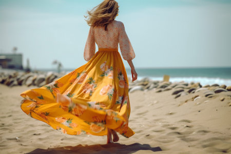 fashion woman summer person dress beach hippie sea happiness beautiful lifestyle. Generative AI.の素材