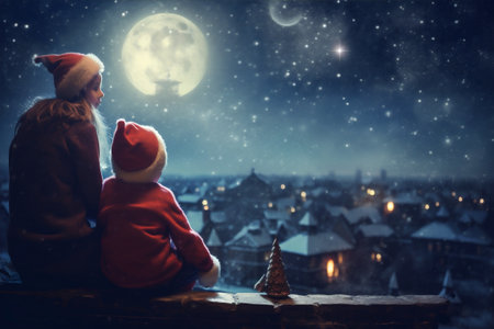 christmas winter child magic holiday night moon snow claus year. Generative AI.の素材