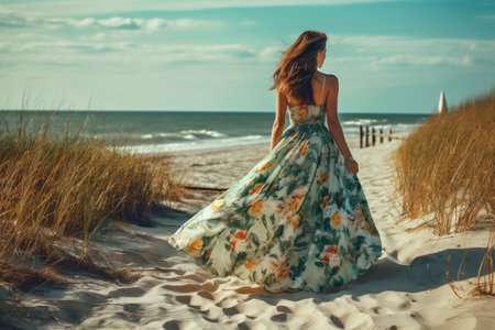fashion woman hippie dress sea sun lifestyle person beautiful beach summer. Generative AI.の素材