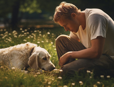 Men dog horizontal person caucasian park pets male friendship outdoors lifestyle animalの素材