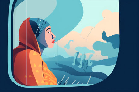 passenger woman porthole transportation plane journey character window seat flight trip. Generative AI.の素材