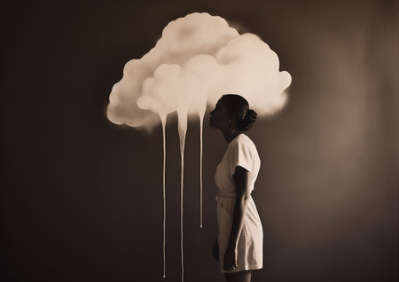 woman man creative adult cloud dramatic idea black poster dream concept surreal. Generative AI.の素材