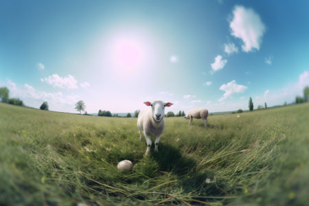 animal green field lamb meadow wool sheep grass farm sun. Generative AI.の素材