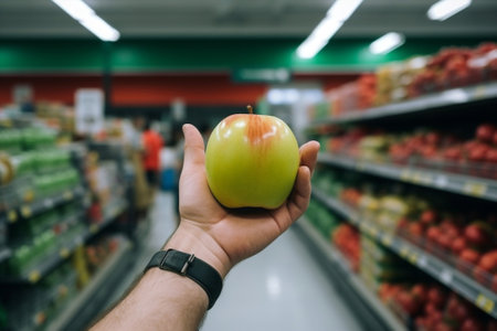 Holding apple hand grocery store food fresh retail fruit supermarket marketの素材