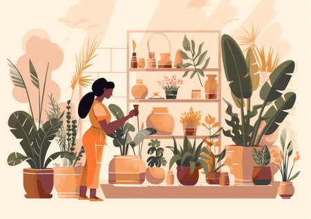 gardener woman pot botanist entrepreneur hobby florist garden houseplant flower indoor. Generative AI.の素材