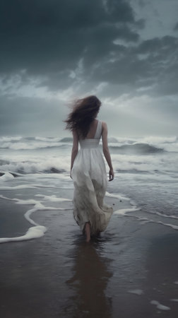sea woman ocean sunlight storm summer sky beach nature cloud dress. Generative AI.の素材