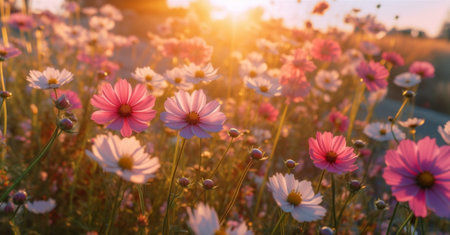 floral beautiful sunset violet field pink meadow blooming flower nature background. Generative AI.の素材