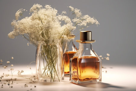 woman perfume oil aroma flower cosmetic fragrance smell scent glass bottle. Generative AI.の素材