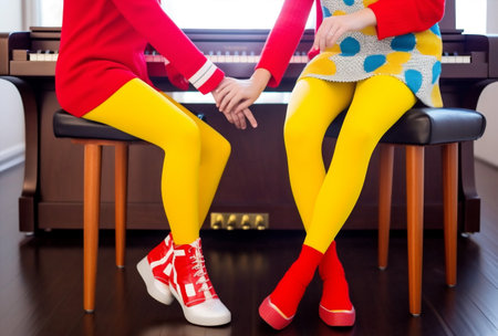 young woman elegant modern fashion red colourful beauty piano legs trend. Generative AI.の素材