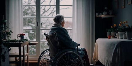 An elderly woman sits in a wheelchair in a nursing home and looks out the window at nature, breathes fresh air, loneliness. Generative AI.の素材