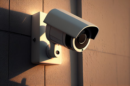 Surveillance camera on the facade of the building, public safety of the urban environment, technologies for surveillance. Generative AIの素材