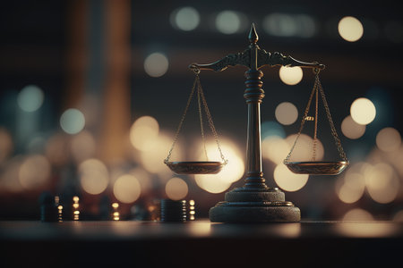 Scales of justice in the courtroom, dark lighting, punishment system for prisoners, presumption of innocence, constitution day. Generative AI.の素材