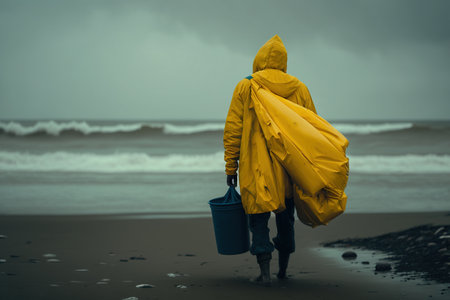 Man in eco-activist cape picks up trash on oceanfront, plastic problem on the planet, concern for cleanliness and the environment, climate change. Generative AI.の素材