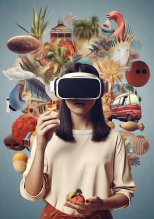 woman technology travel future virtual vr creative glasses abstract digital reality. Generative AI.の素材