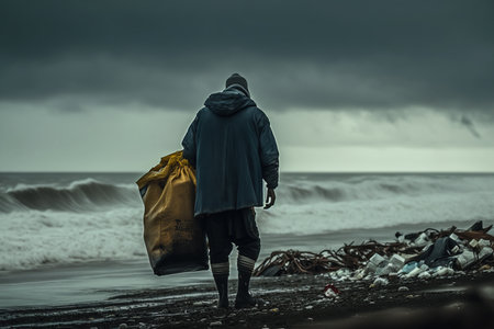 Man in eco-activist cape picks up trash on oceanfront, plastic problem on the planet, concern for cleanliness and the environment, climate change. Generative AI.の素材