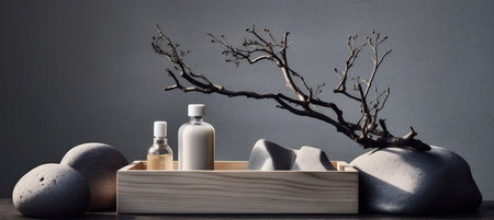branch product tree layout background cosmetic beauty bottle tree natural nature template. Generative AI.の素材