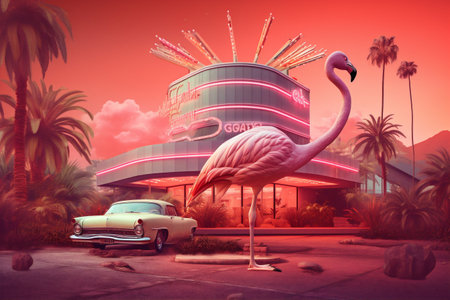 pink feather animal bird summer sunglasses tropical flamingo party hipster. Generative AI.の素材