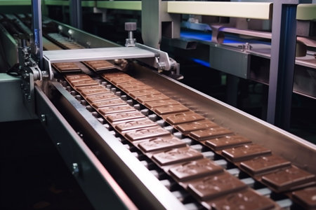 chocolate food production sweet industry factory candy industrial dessert manufacturing. Generative AI.の素材