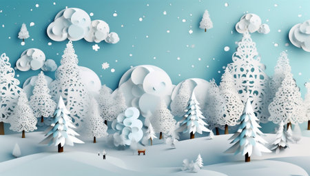 paper merry christmas winter background blue decorative origami art tree snowflakes. Generative AI.の素材