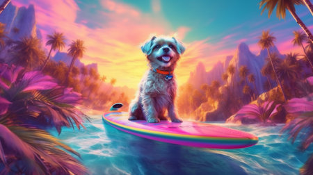 ocean dog animal funny beach vacation puppy wave surfer summer. Generative AI.の素材