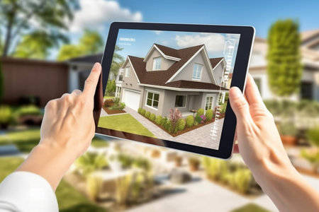 Holding technology computer house phone device tablet business home digital building hand screenの素材