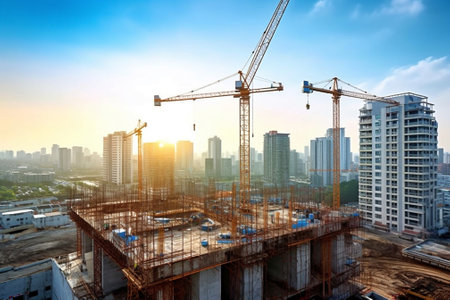 Engineering city development work site industrial urban crane construction architectureの素材