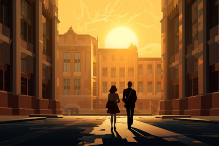 Man woman love couple city art illustrationの素材