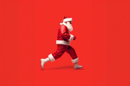 present man isolated fun holiday gift run christmas claus red santa. Generative AI.の素材