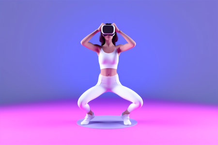 game woman virtual vr neon reality digital innovation glasses yoga sport. Generative AI.の素材