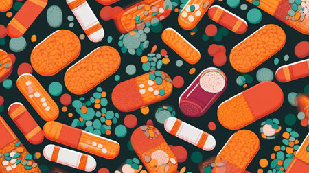 pharmacy orange concept medicine medical health prescription drug character pill. Generative AI.の素材